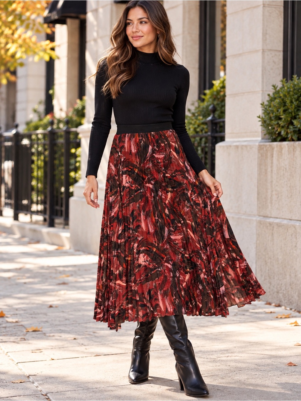 Halogen Red and Black Abstract Pleated Maxi Skirt